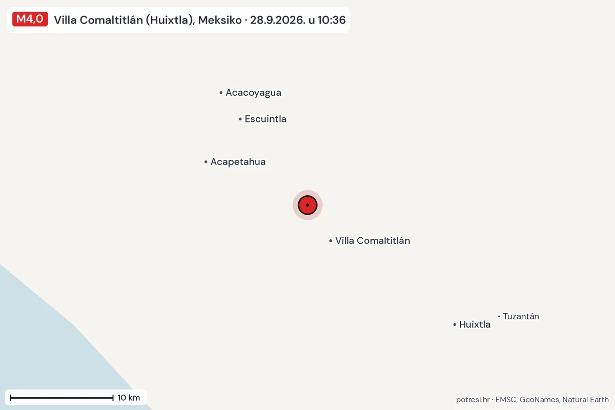 Karta: okolica epicentra, 60 km, potres M4,0, Villa Comaltitlán (Huixtla), Meksiko, 28.9.2026.