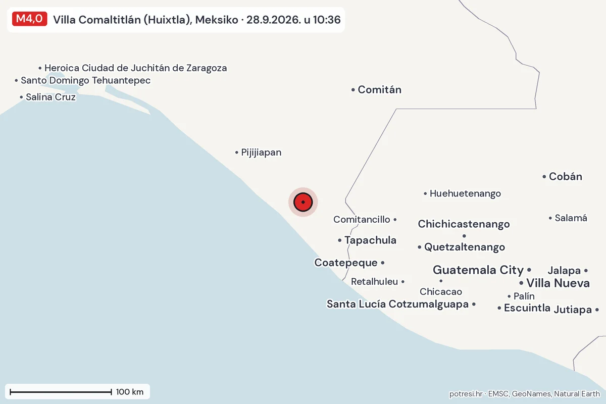 Karta: šire područje, 600 km, potres M4,0, Villa Comaltitlán (Huixtla), Meksiko, 28.9.2026.