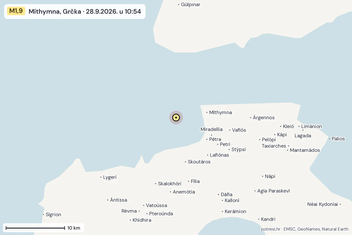 Karta: okolica epicentra, 60 km, potres M1,9, Míthymna, Grčka, 28.9.2026.