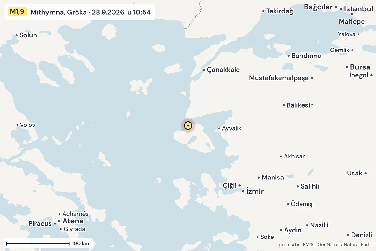 Karta: šire područje, 600 km, potres M1,9, Míthymna, Grčka, 28.9.2026.