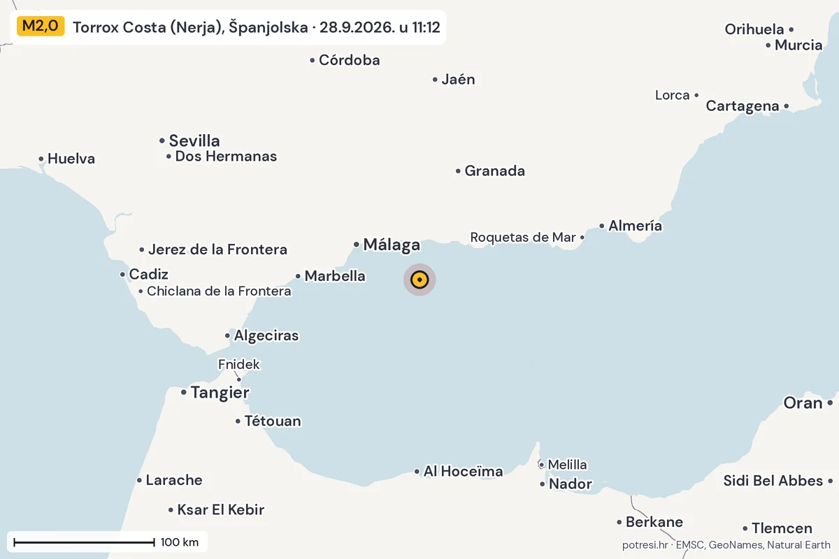 Karta: šire područje, 600 km, potres M2,0, Torrox Costa (Nerja), Španjolska, 28.9.2026.