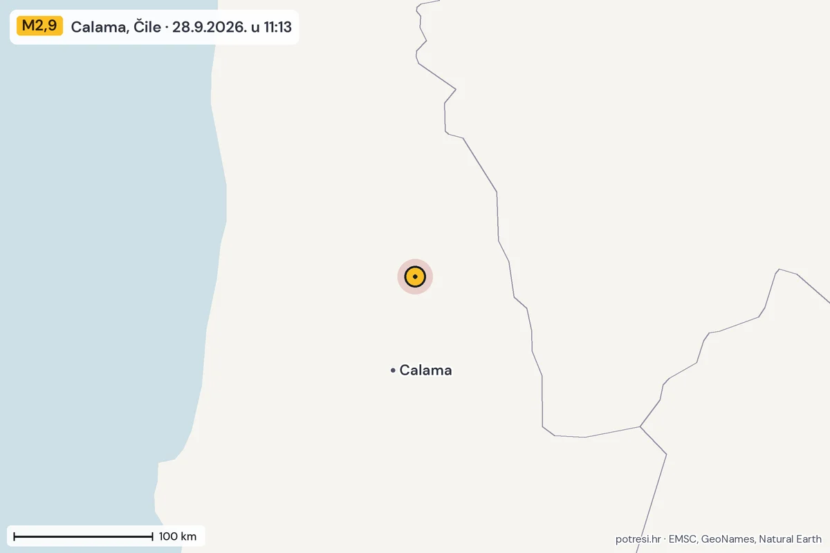 Karta: šire područje, 600 km, potres M2,9, Calama, Čile, 28.9.2026.
