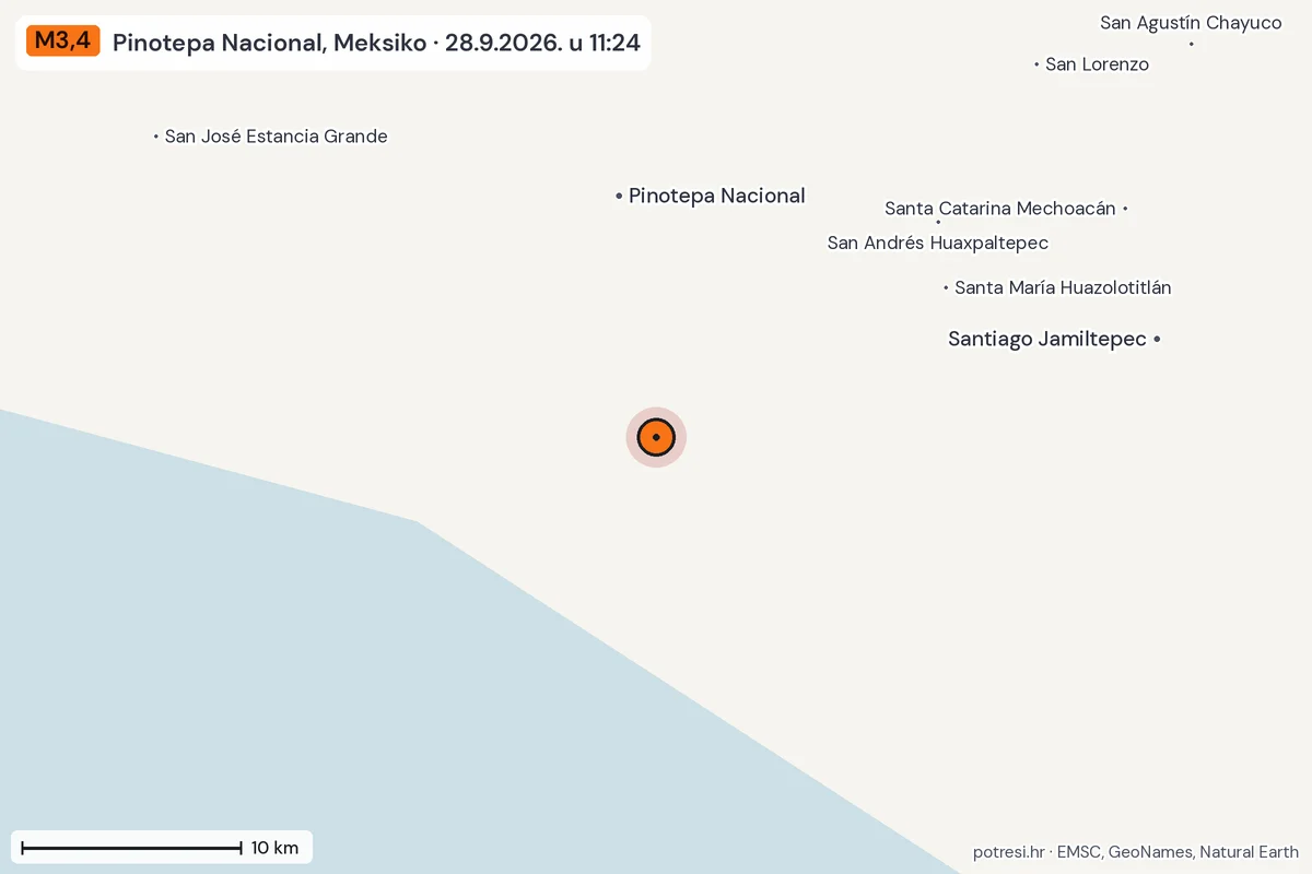 Karta: okolica epicentra, 60 km, potres M3,4, Pinotepa Nacional, Meksiko, 28.9.2026.