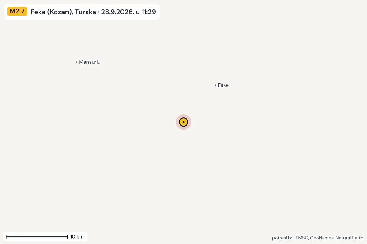 Karta: okolica epicentra, 60 km, potres M2,7, Feke (Kozan), Turska, 28.9.2026.