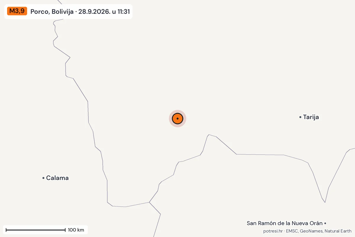 Karta: šire područje, 600 km, potres M3,9, Porco, Bolivija, 28.9.2026.
