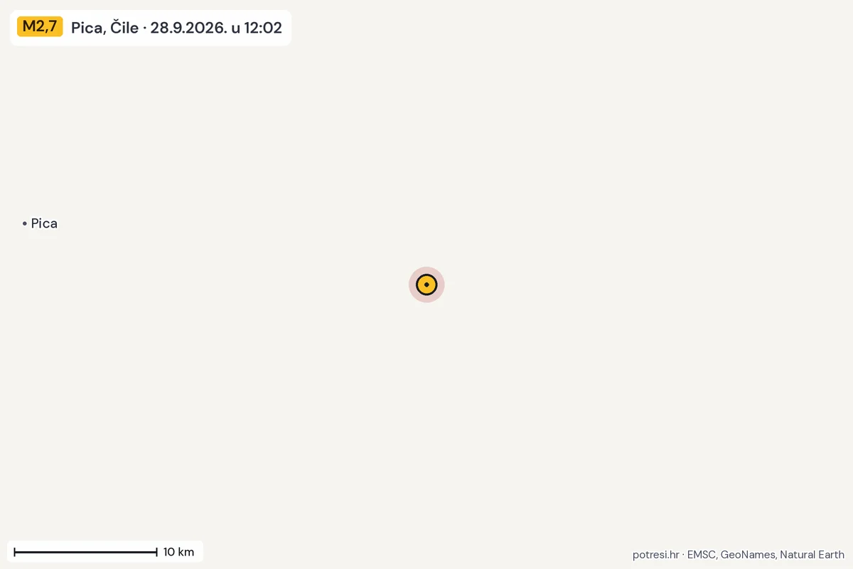 Karta: okolica epicentra, 60 km, potres M2,7, Pica, Čile, 28.9.2026.