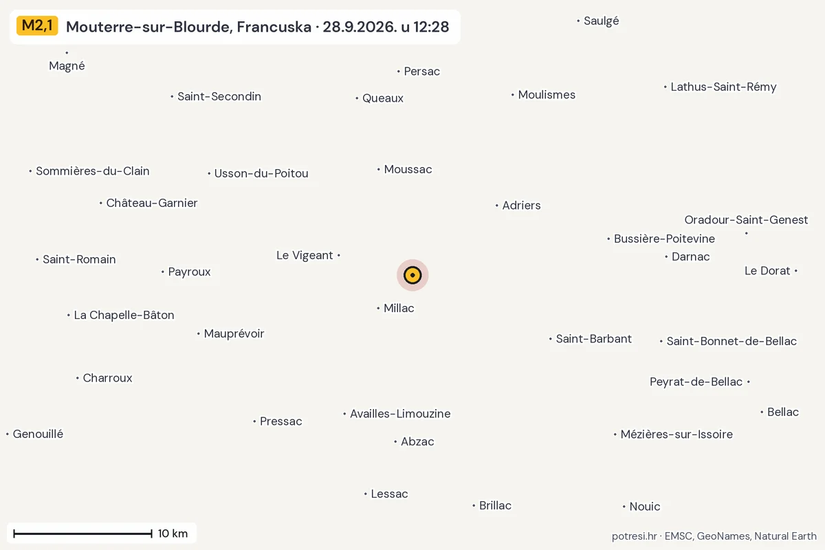 Karta: okolica epicentra, 60 km, potres M2,1, Mouterre-sur-Blourde, Francuska, 28.9.2026.