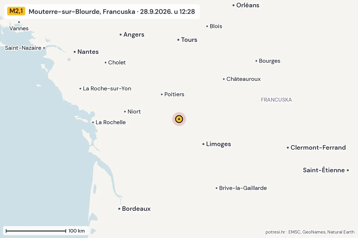 Karta: šire područje, 600 km, potres M2,1, Mouterre-sur-Blourde, Francuska, 28.9.2026.