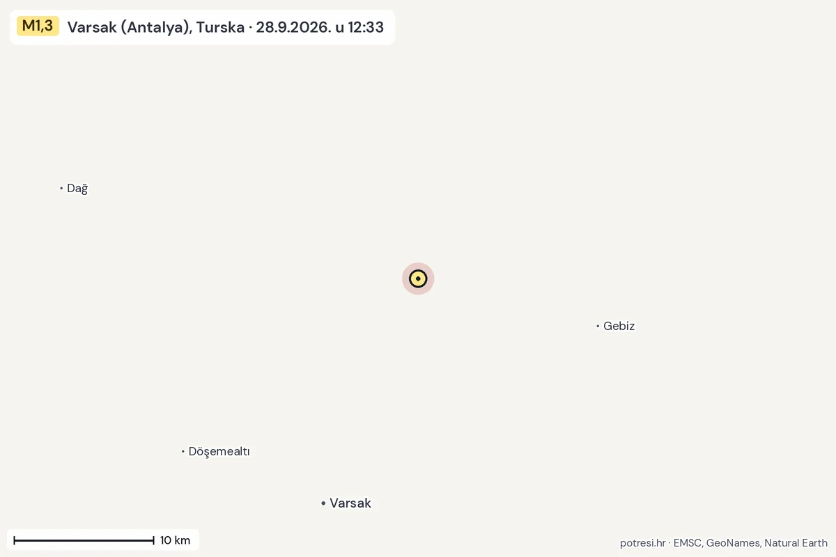 Karta: okolica epicentra, 60 km, potres M1,3, Varsak (Antalya), Turska, 28.9.2026.