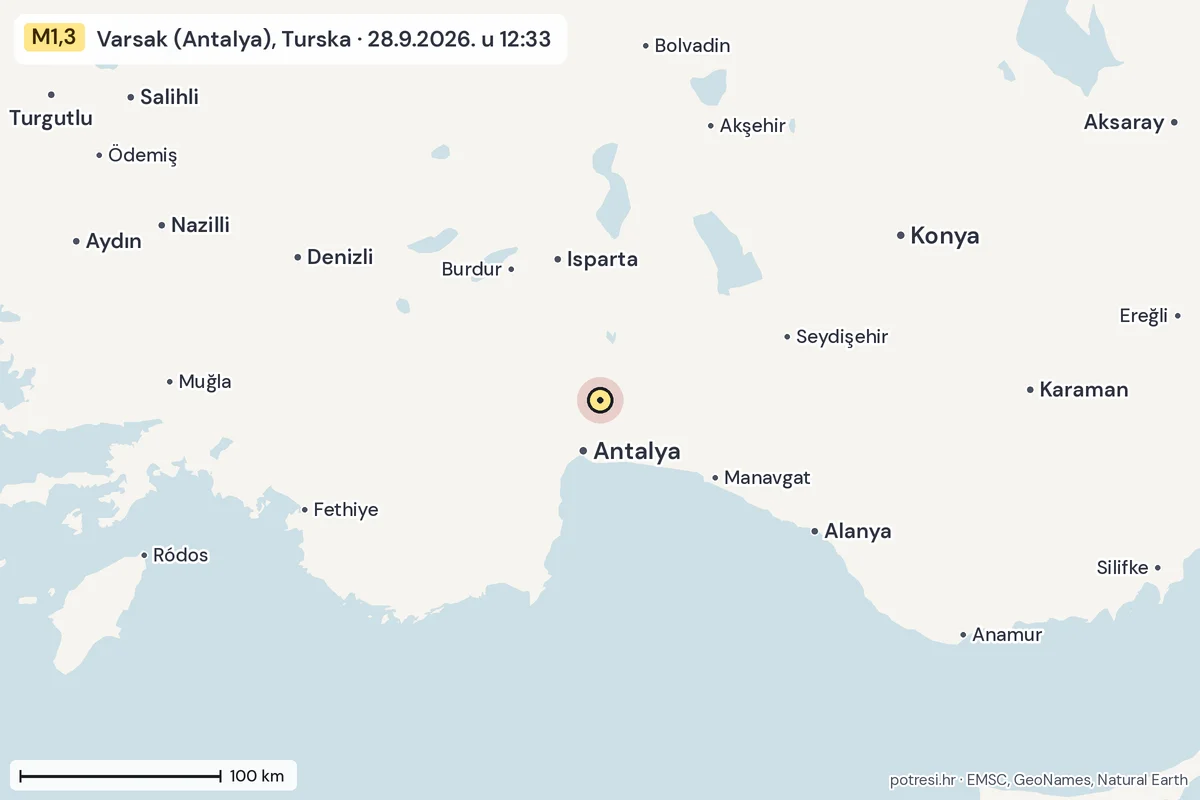 Karta: šire područje, 600 km, potres M1,3, Varsak (Antalya), Turska, 28.9.2026.