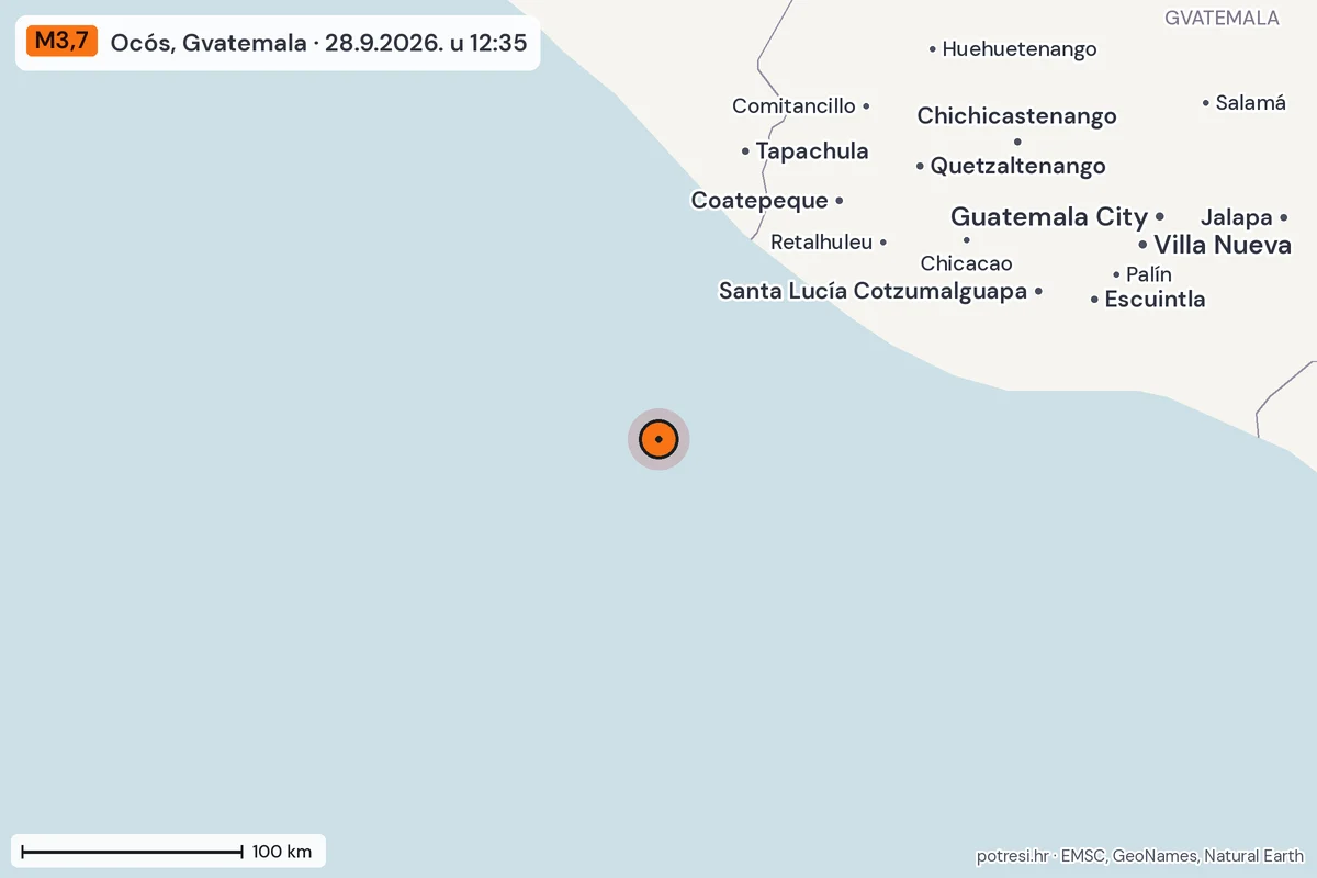 Karta: šire područje, 600 km, potres M3,7, Ocós, Gvatemala, 28.9.2026.