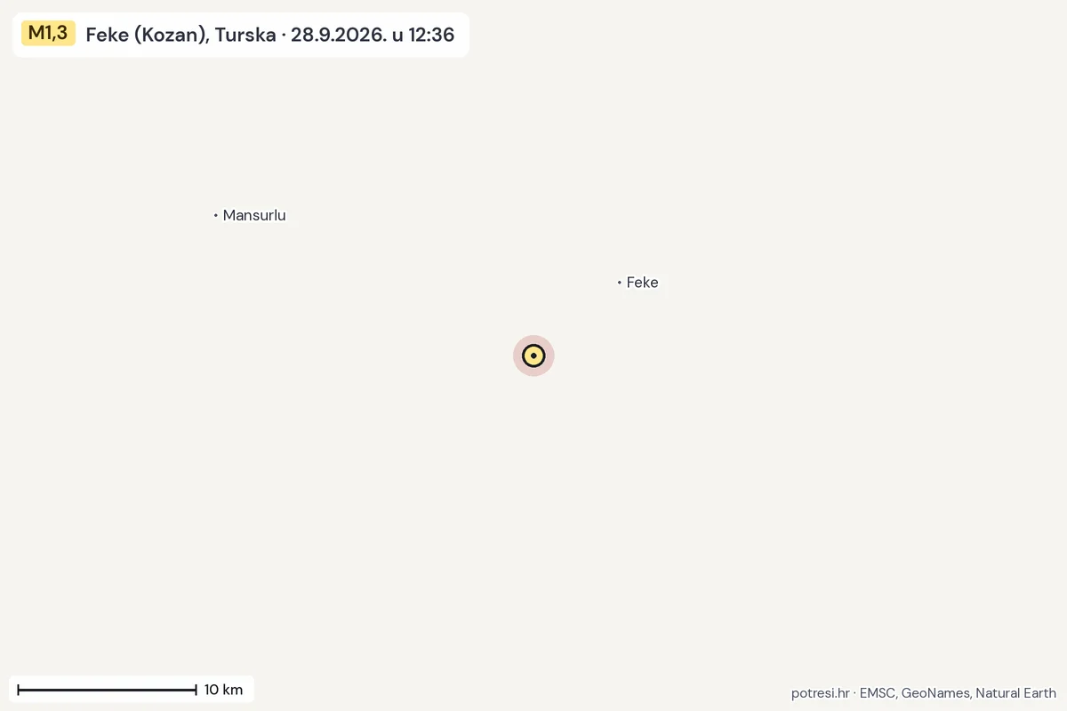 Karta: okolica epicentra, 60 km, potres M1,3, Feke (Kozan), Turska, 28.9.2026.