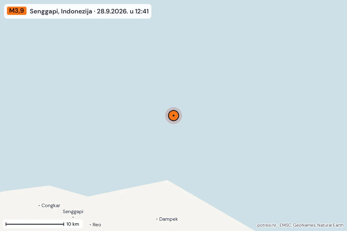 Karta: okolica epicentra, 60 km, potres M3,9, Senggapi, Indonezija, 28.9.2026.