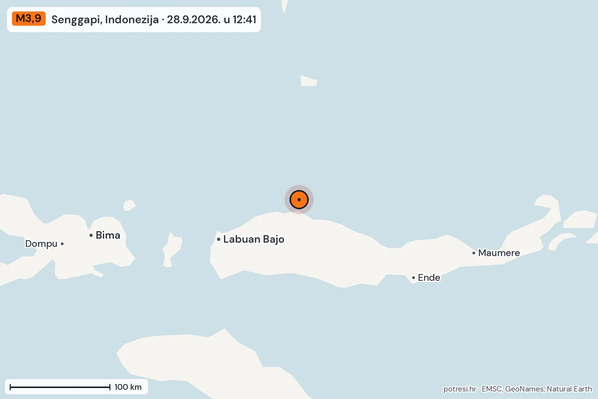 Karta: šire područje, 600 km, potres M3,9, Senggapi, Indonezija, 28.9.2026.