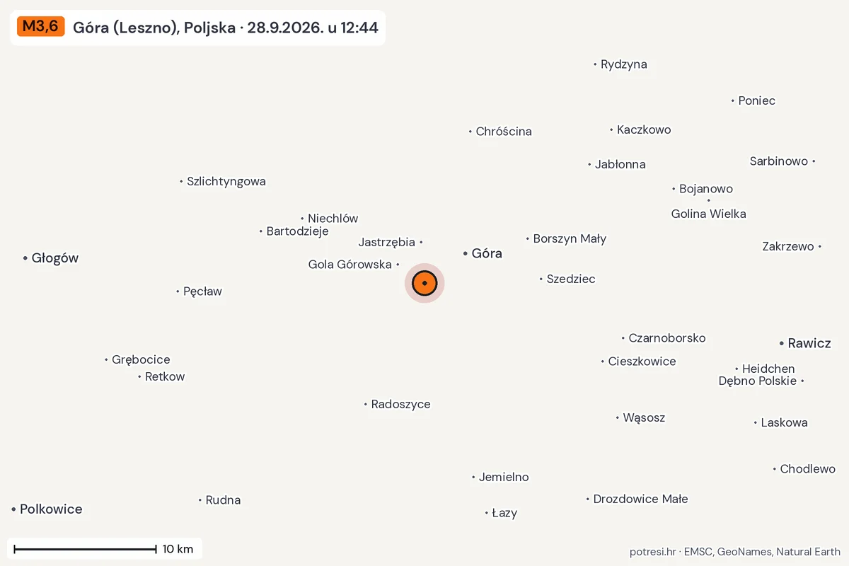 Karta: okolica epicentra, 60 km, potres M3,6, Góra (Leszno), Poljska, 28.9.2026.