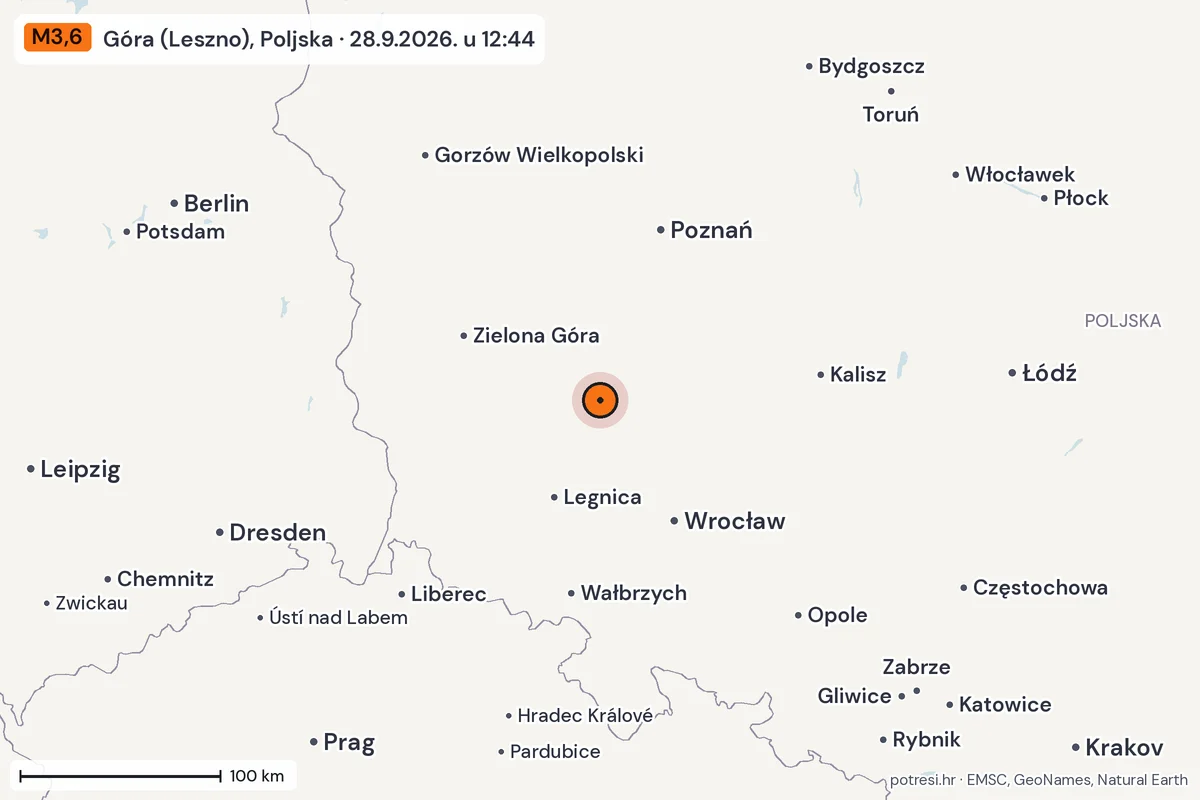 Karta: šire područje, 600 km, potres M3,6, Góra (Leszno), Poljska, 28.9.2026.