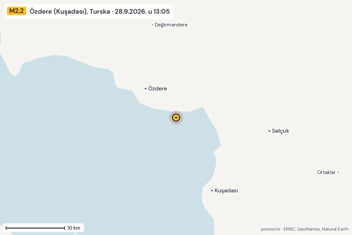 Karta: okolica epicentra, 60 km, potres M2,2, Özdere (Kuşadası), Turska, 28.9.2026.