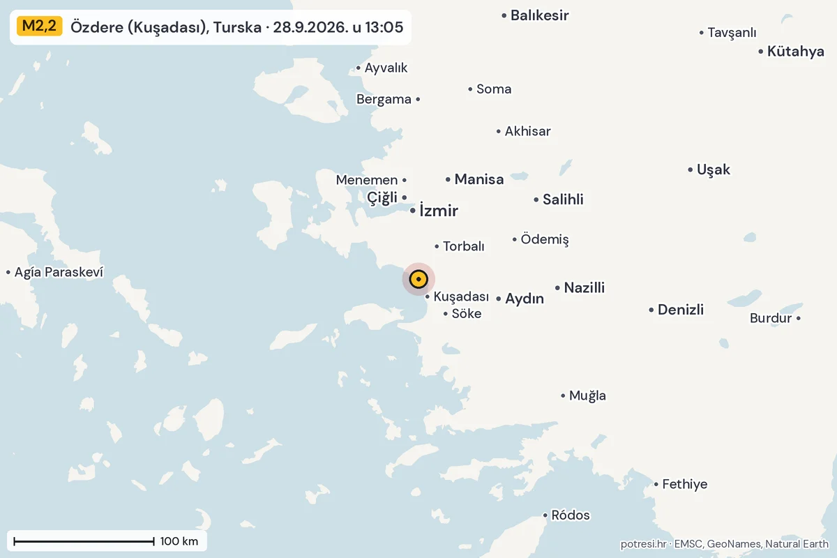 Karta: šire područje, 600 km, potres M2,2, Özdere (Kuşadası), Turska, 28.9.2026.