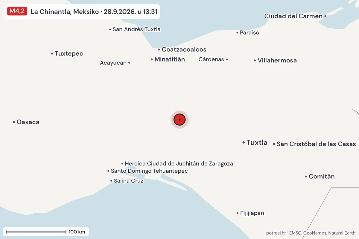 Karta: šire područje, 600 km, potres M4,2, La Chinantla, Meksiko, 28.9.2026.