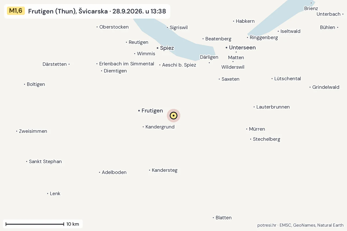 Karta: okolica epicentra, 60 km, potres M1,6, Frutigen (Thun), Švicarska, 28.9.2026.
