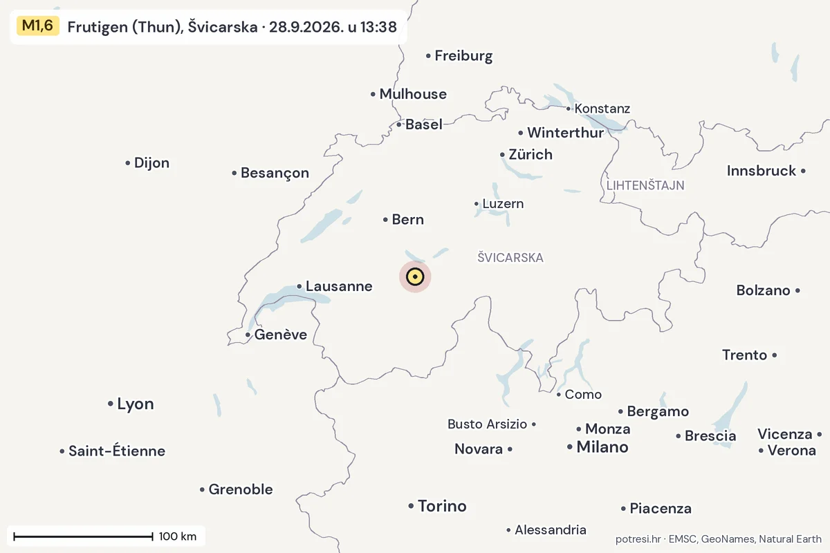 Karta: šire područje, 600 km, potres M1,6, Frutigen (Thun), Švicarska, 28.9.2026.