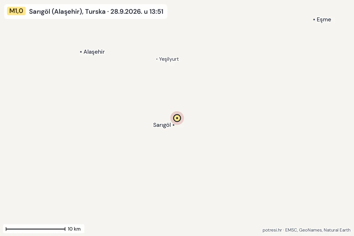 Karta: okolica epicentra, 60 km, potres M1,0, Sarıgöl (Alaşehir), Turska, 28.9.2026.