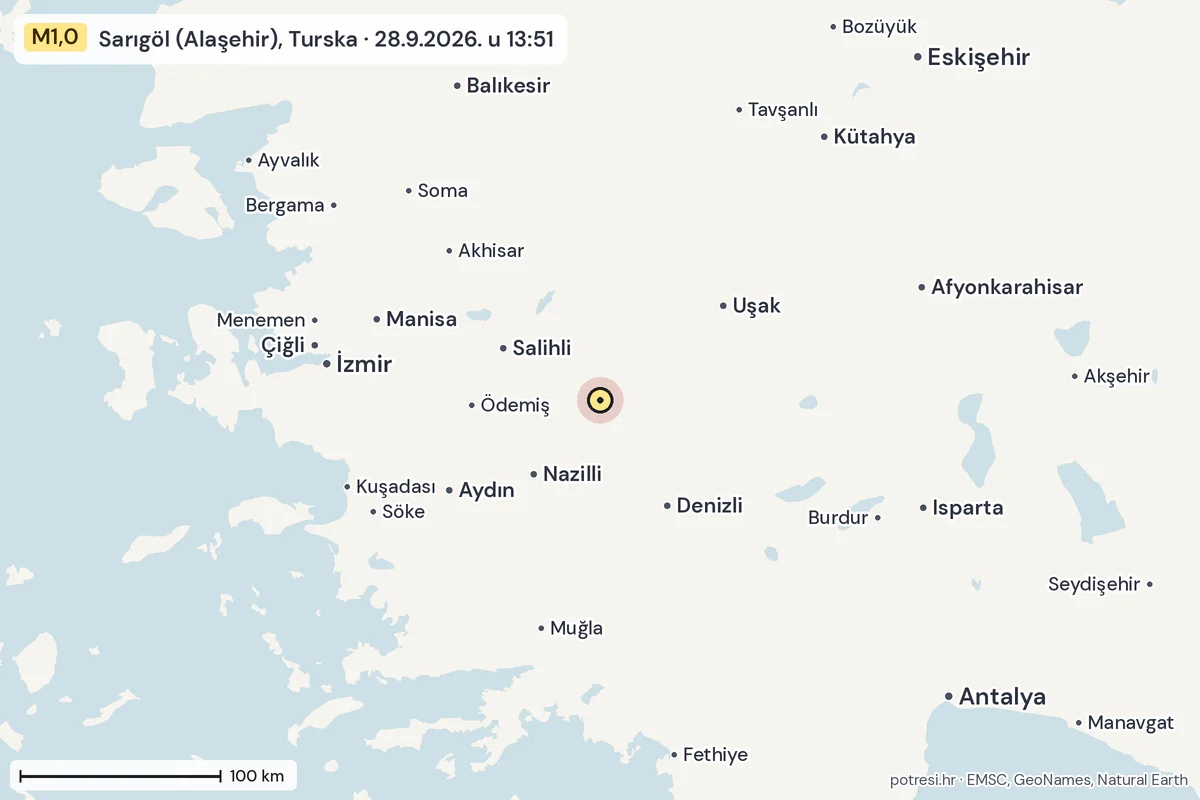 Karta: šire područje, 600 km, potres M1,0, Sarıgöl (Alaşehir), Turska, 28.9.2026.