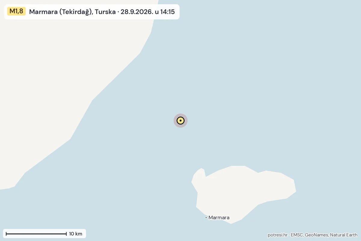 Karta: okolica epicentra, 60 km, potres M1,8, Marmara (Tekirdağ), Turska, 28.9.2026.
