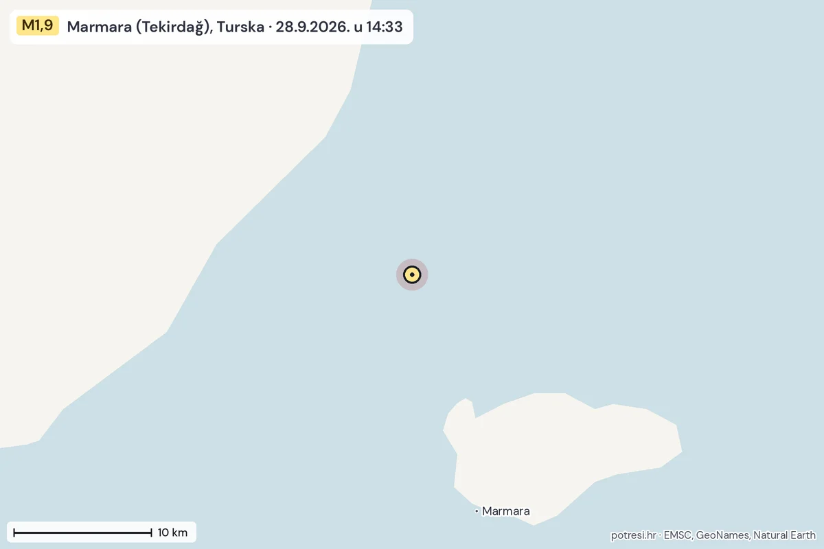 Karta: okolica epicentra, 60 km, potres M1,9, Marmara (Tekirdağ), Turska, 28.9.2026.