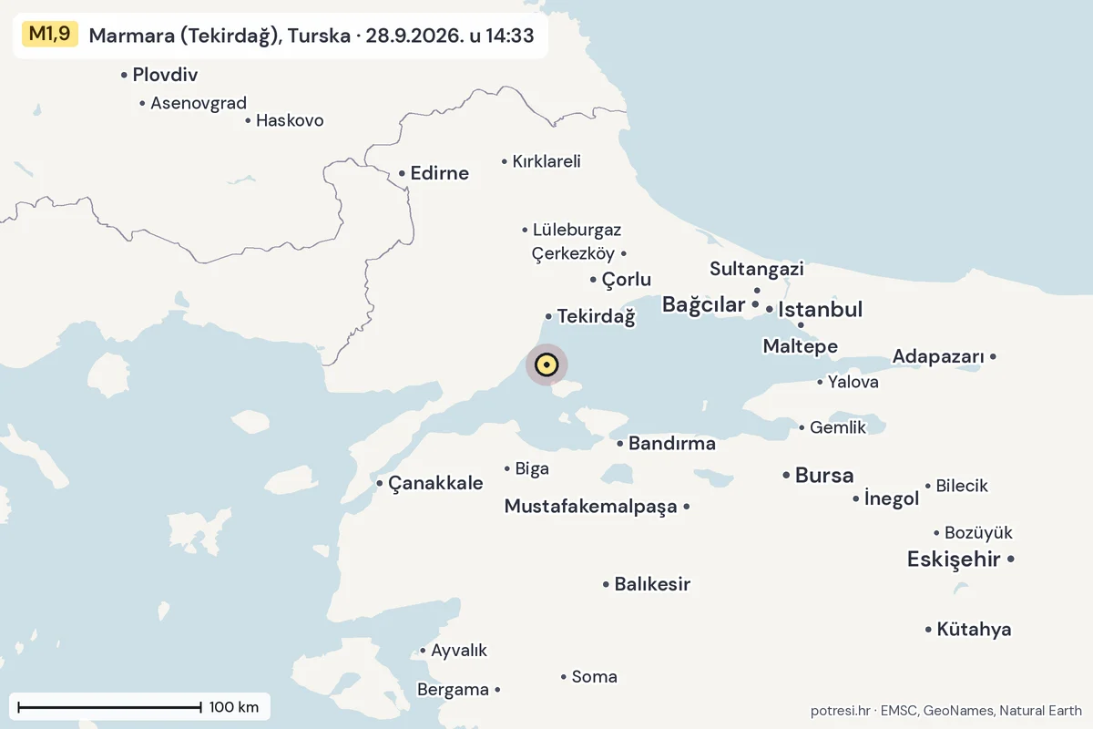 Karta: šire područje, 600 km, potres M1,9, Marmara (Tekirdağ), Turska, 28.9.2026.