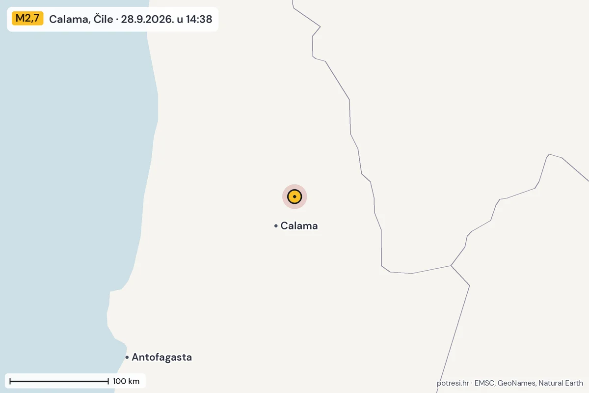Karta: šire područje, 600 km, potres M2,7, Calama, Čile, 28.9.2026.
