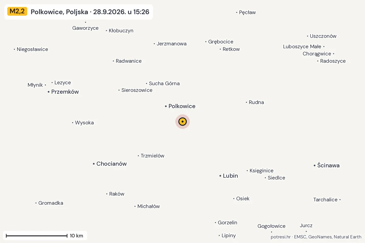 Karta: okolica epicentra, 60 km, potres M2,2, Polkowice, Poljska, 28.9.2026.