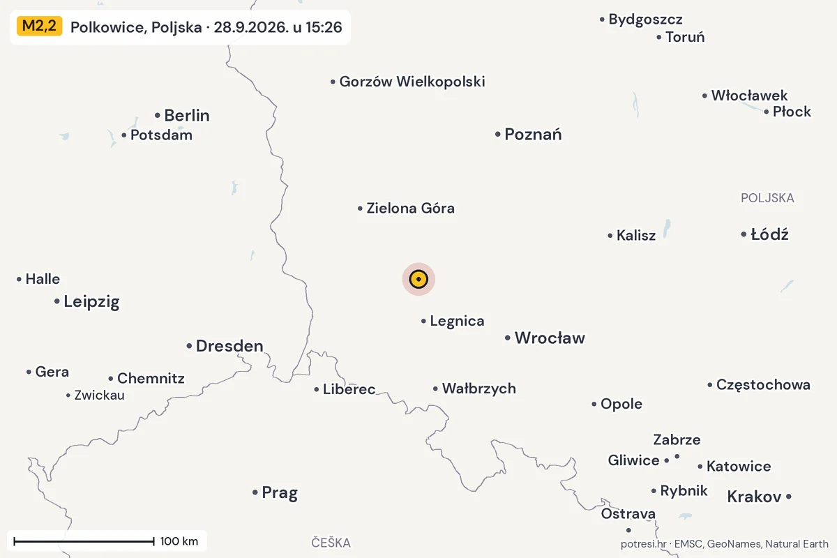 Karta: šire područje, 600 km, potres M2,2, Polkowice, Poljska, 28.9.2026.