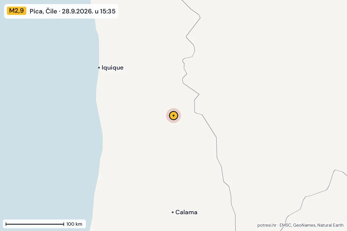 Karta: šire područje, 600 km, potres M2,9, Pica, Čile, 28.9.2026.