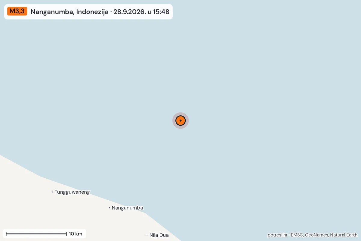 Karta: okolica epicentra, 60 km, potres M3,3, Nanganumba, Indonezija, 28.9.2026.