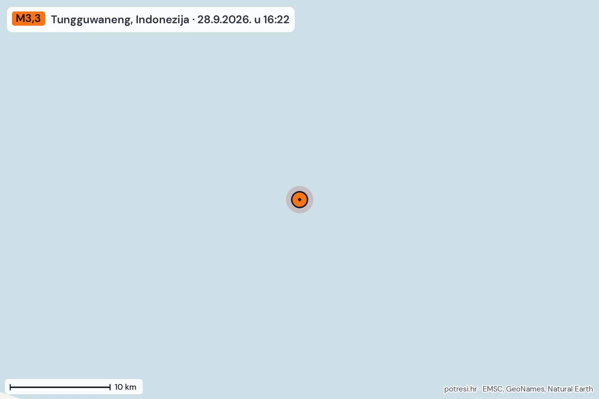Karta: okolica epicentra, 60 km, potres M3,3, Tungguwaneng, Indonezija, 28.9.2026.