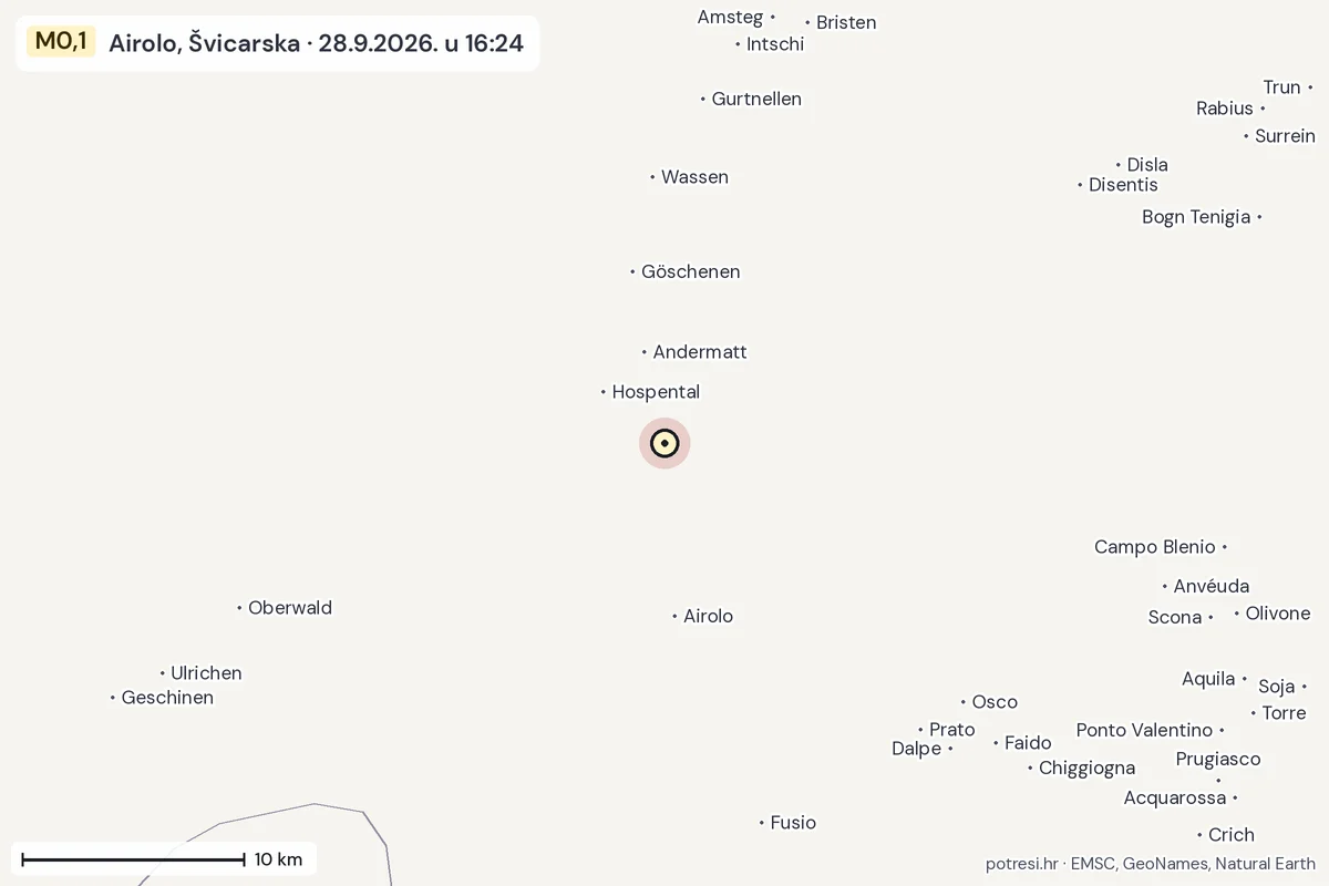 Karta: okolica epicentra, 60 km, potres M0,1, Airolo, Švicarska, 28.9.2026.