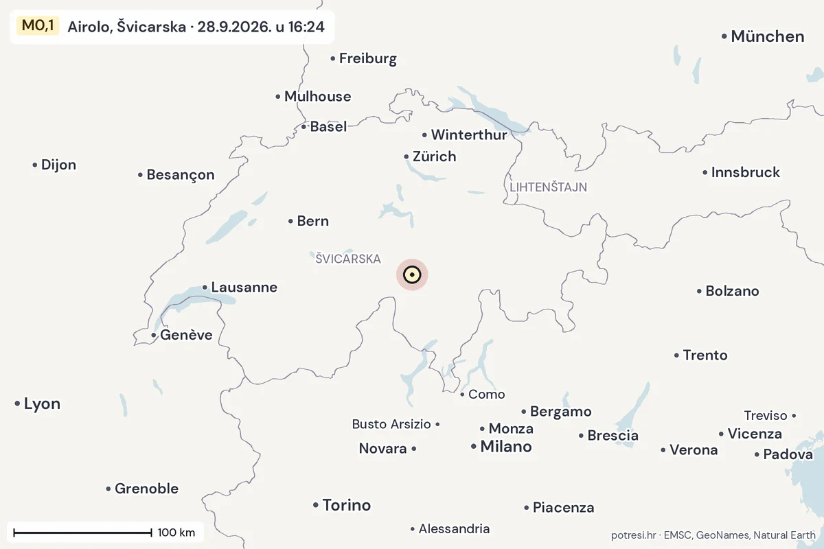 Karta: šire područje, 600 km, potres M0,1, Airolo, Švicarska, 28.9.2026.