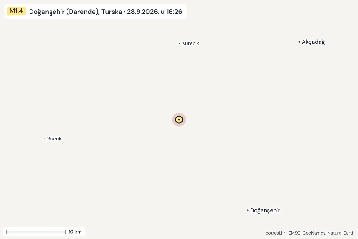 Karta: okolica epicentra, 60 km, potres M1,4, Doğanşehir (Darende), Turska, 28.9.2026.