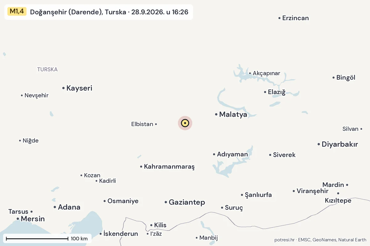 Karta: šire područje, 600 km, potres M1,4, Doğanşehir (Darende), Turska, 28.9.2026.
