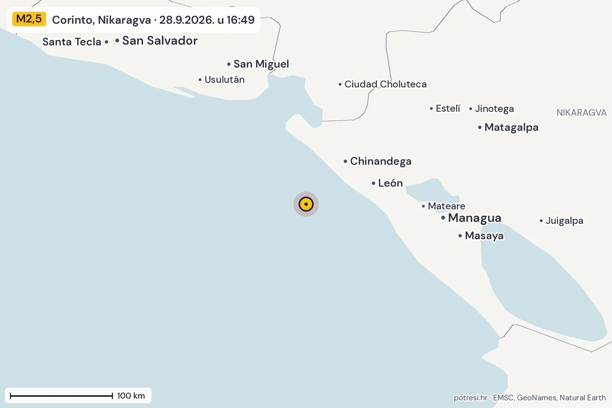 Karta: šire područje, 600 km, potres M2,5, Corinto, Nikaragva, 28.9.2026.