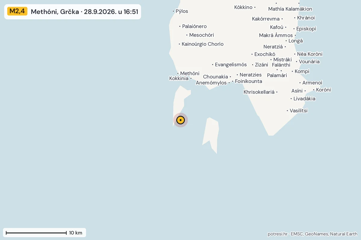 Karta: okolica epicentra, 60 km, potres M2,4, Methóni, Grčka, 28.9.2026.