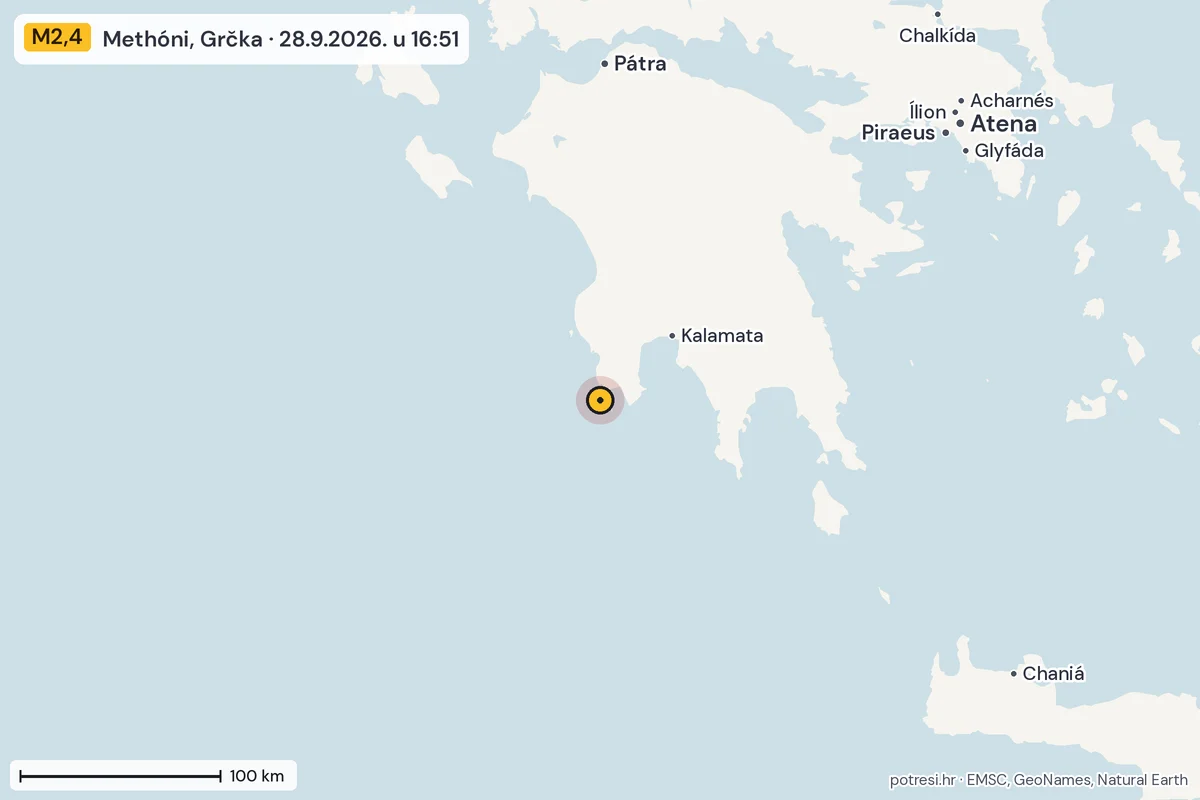 Karta: šire područje, 600 km, potres M2,4, Methóni, Grčka, 28.9.2026.