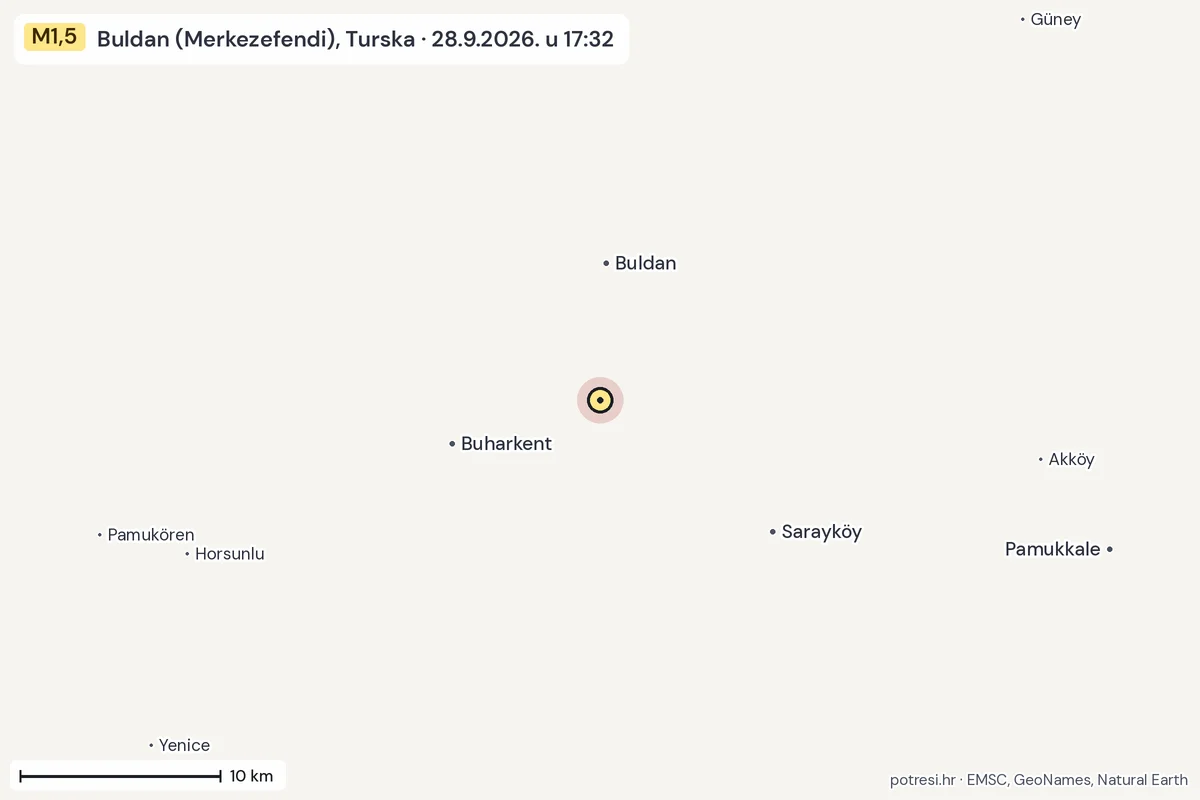 Karta: okolica epicentra, 60 km, potres M1,5, Buldan (Merkezefendi), Turska, 28.9.2026.