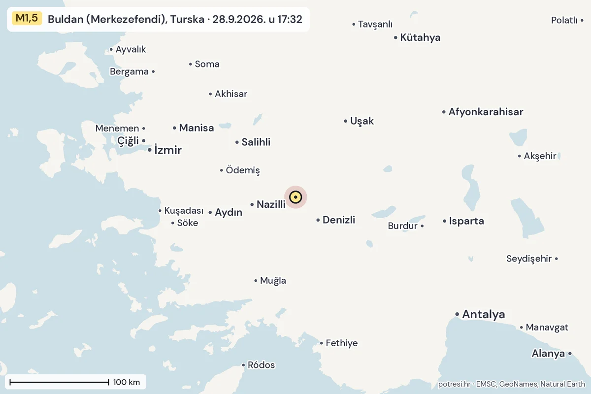 Karta: šire područje, 600 km, potres M1,5, Buldan (Merkezefendi), Turska, 28.9.2026.