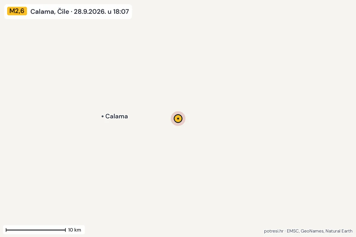 Karta: okolica epicentra, 60 km, potres M2,6, Calama, Čile, 28.9.2026.