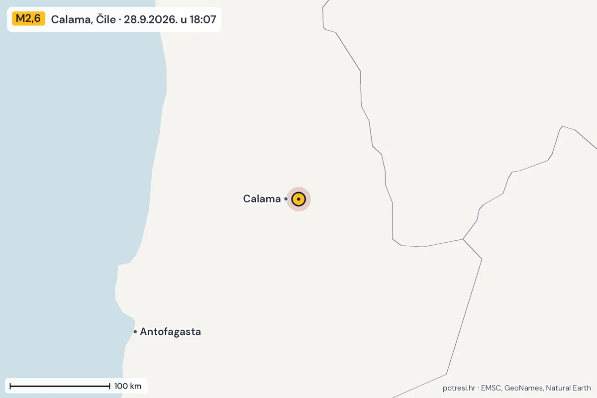 Karta: šire područje, 600 km, potres M2,6, Calama, Čile, 28.9.2026.