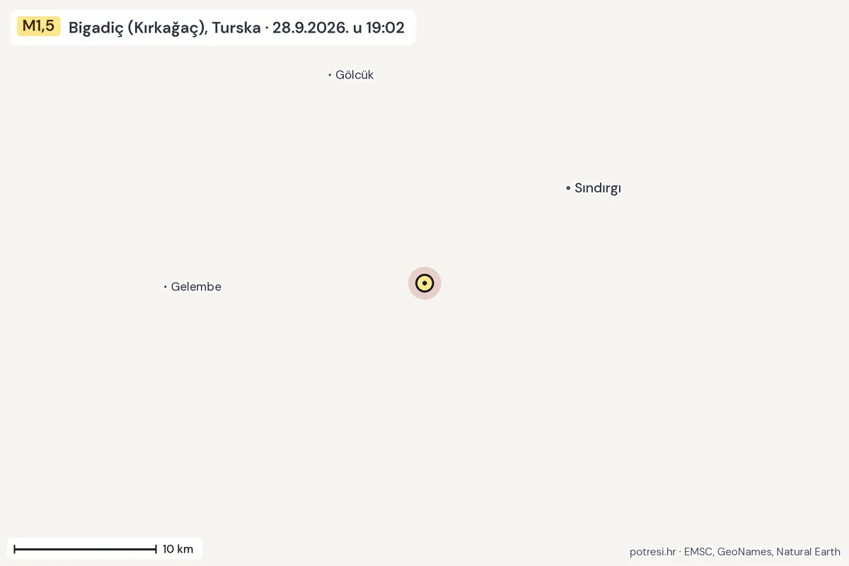 Karta: okolica epicentra, 60 km, potres M1,5, Bigadiç (Kırkağaç), Turska, 28.9.2026.