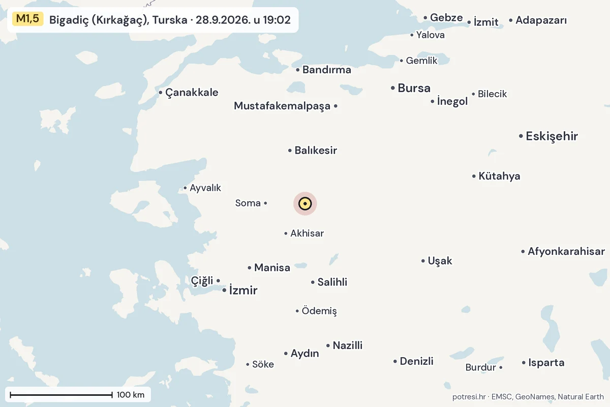 Karta: šire područje, 600 km, potres M1,5, Bigadiç (Kırkağaç), Turska, 28.9.2026.