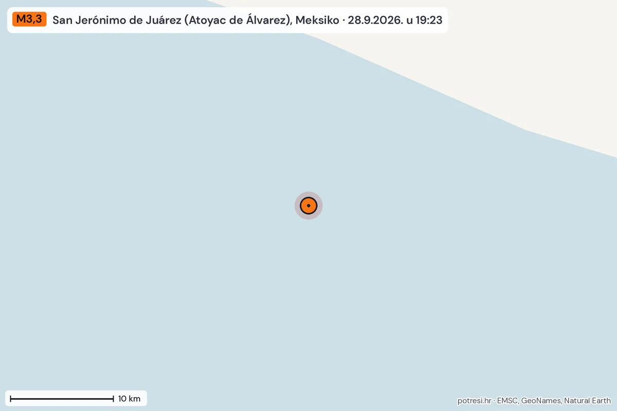 Karta: okolica epicentra, 60 km, potres M3,3, San Jerónimo de Juárez (Atoyac de Álvarez), Meksiko, 28.9.2026.